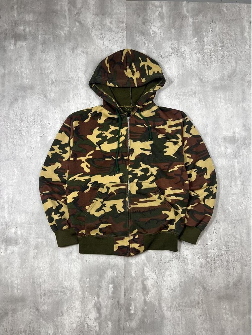 Vintage Woodland Camo Thermal Lined Zip Hoodie Full Zip Military Workwear